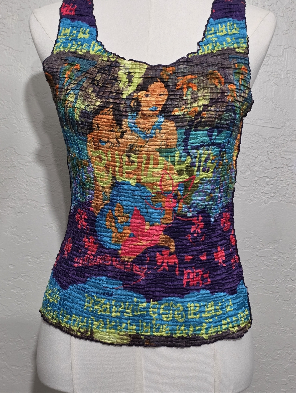 Vintage 90s Popcorn Top Gauguin Art Print Crinkle Stretch Tank Y2K Rare M - Picture 8 of 13